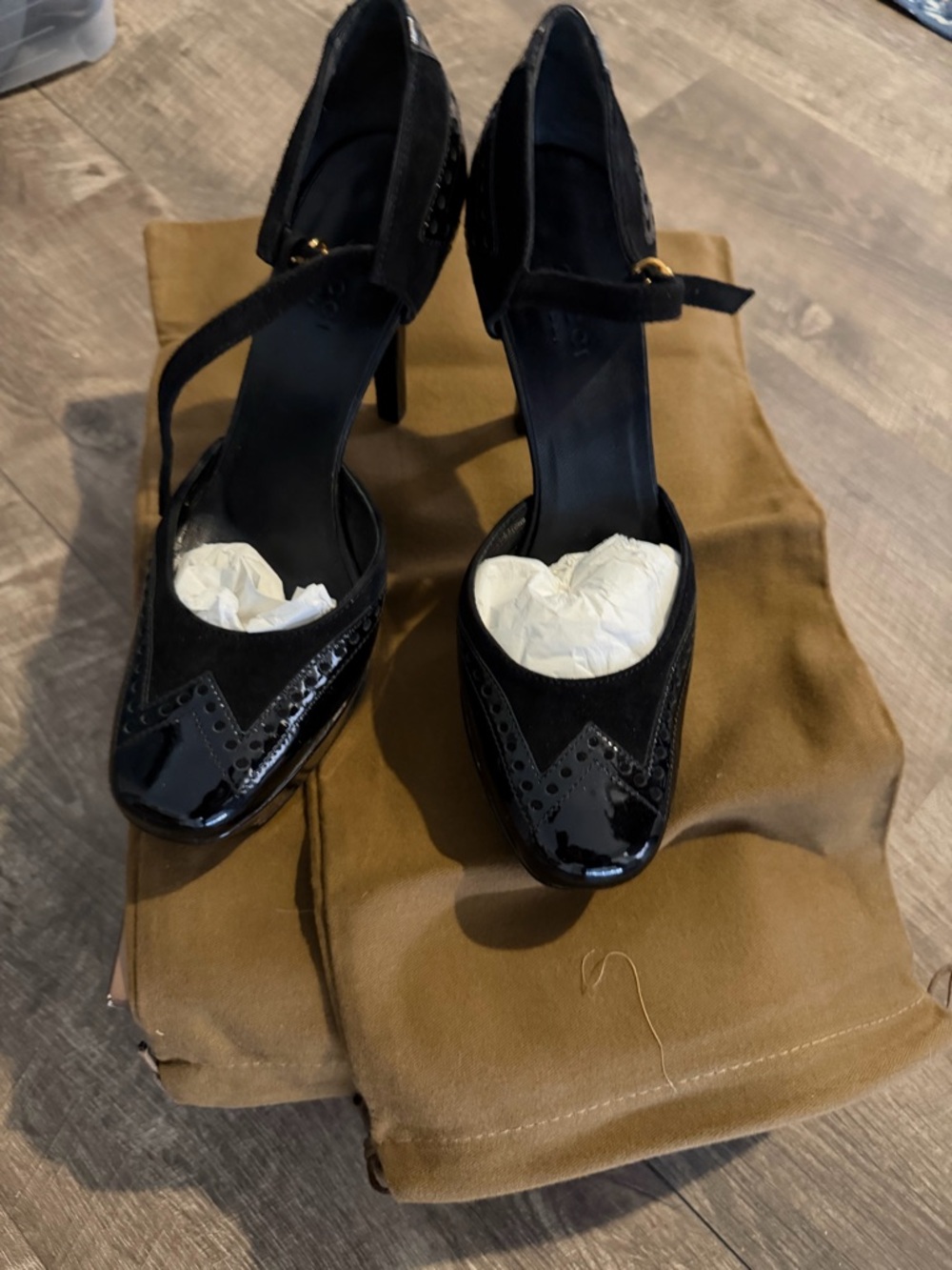 Gucci Black Patent and Suede Mary Jane High Heels